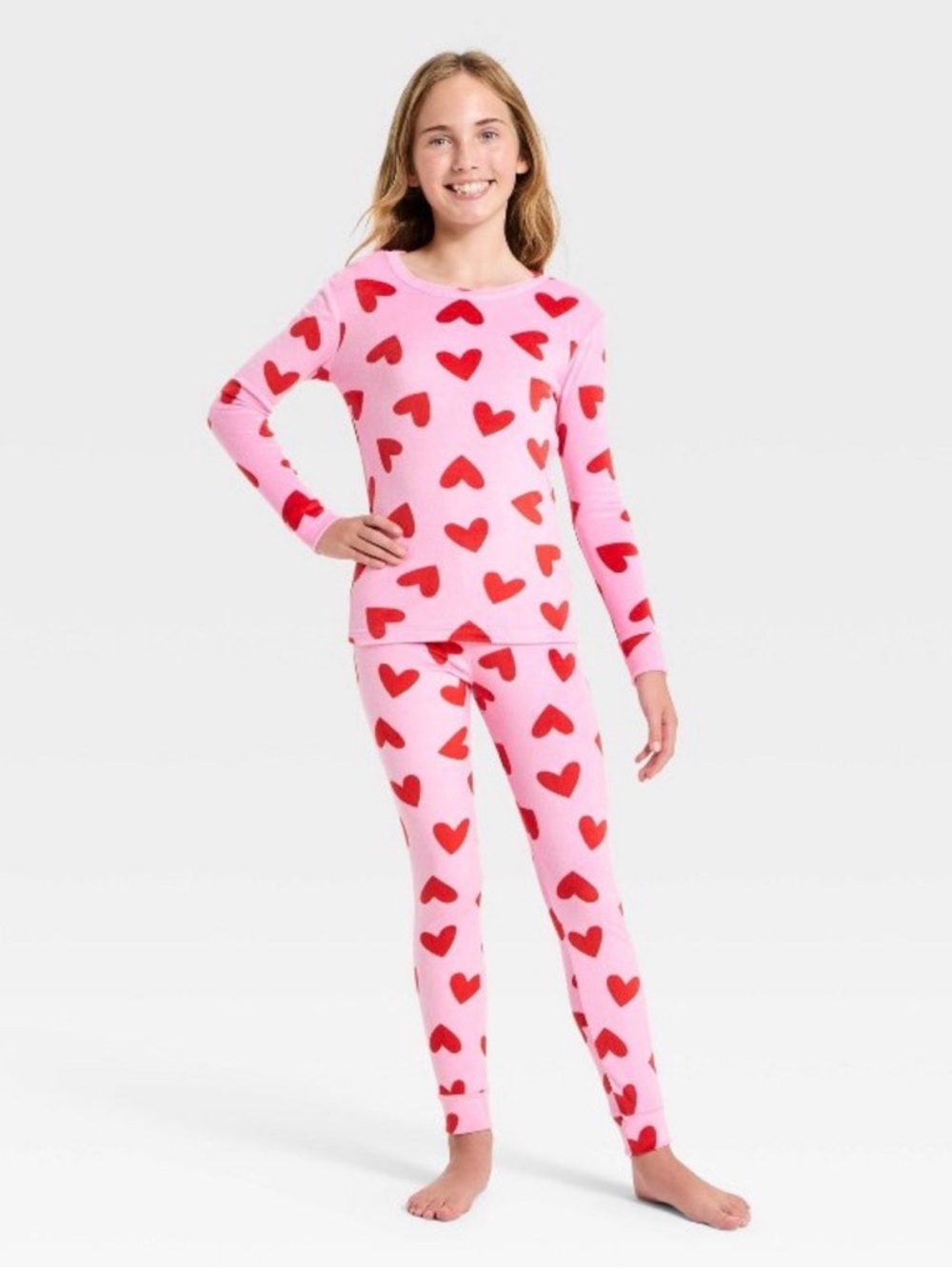 Cat & Jack Pink and Red Heart Pajama Set - Long Sleeve Top & Pants girls